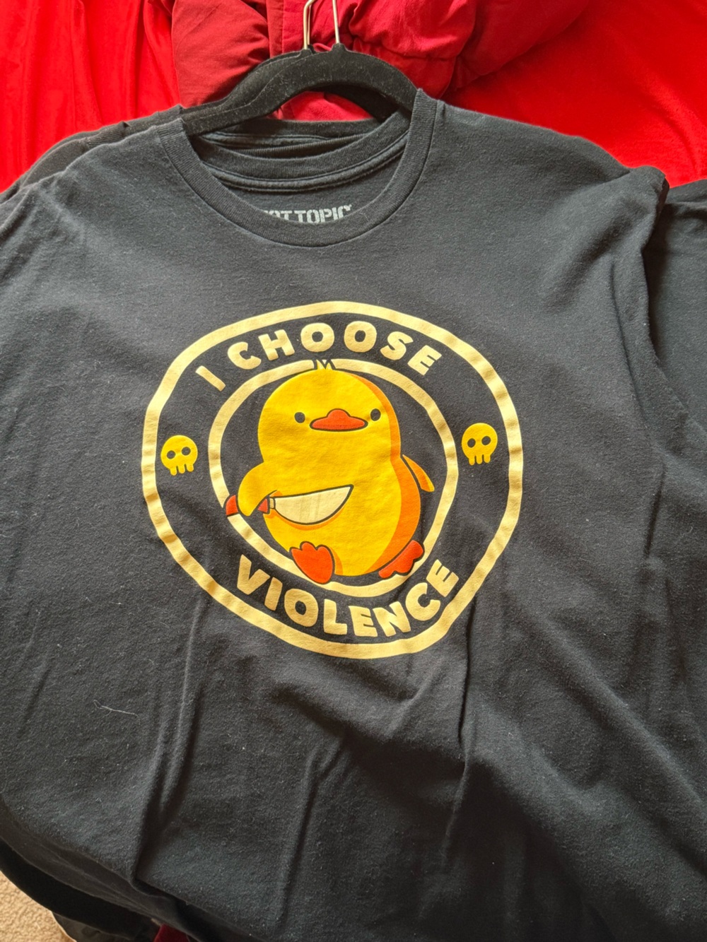 Hot Topic Black Tee with Yellow and Orange Duck Graphic - I Choose Violence